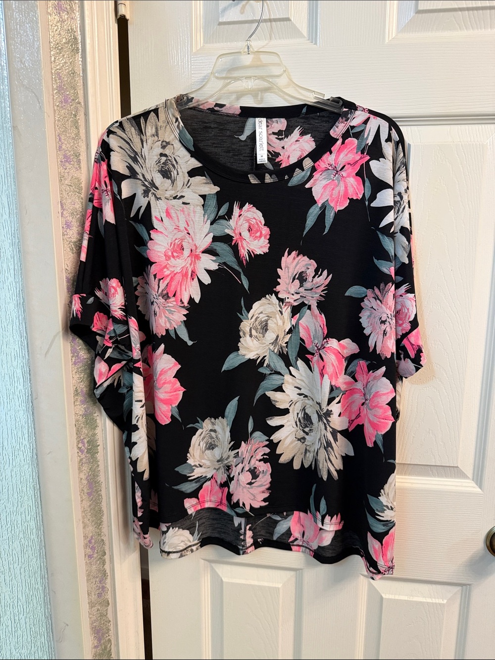 Women's Floral Dolman Short Sleeve Tee - Black with Pink & Cream Blooms